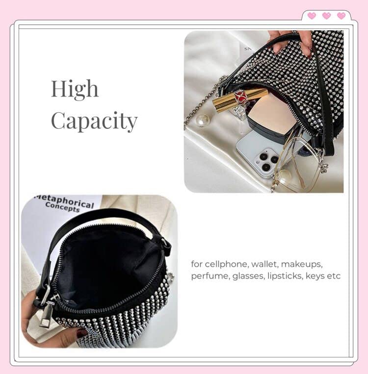 Bydenwely Rhinestone Rivets Bling Bucket Hobo Bag Medium Chic Evening Purse Women Clutch Crossbody Mini Tote for Prom Party, Black