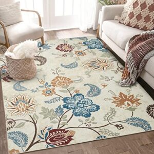 royhome 5×7 machine washable area rugs non-slip farmhouse flower area rug vintage floral throw carpet non shedding foldable area rug for kitchen living room bedroom dining room, 5’x7′, multi-color
