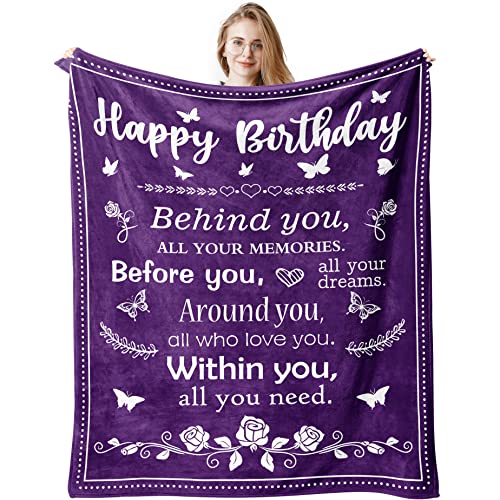 QUWOGY Birthday Gifts for Women/Men/Her/Him Friendship Blanket Purple 60"x50", Happy Birthday Decorations Women/Men Throw Blankets, Bday Gift for Women/Men Unique, Best Birthday Gift Ideas