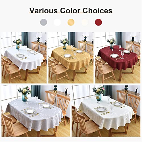 Wolkemer Oval Jacquard Tablecloth Ivory Floral Countryside Leaves Damask Patterns Table Cloth Cover for Dinner Kitchen 60 x 84 Inch