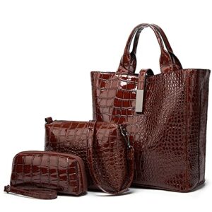 ziming women handbags and purses set glossy crocodile pattern leather tote bags cross-body bag satchel handbag wallet wristlets bag 3 pcs -brown