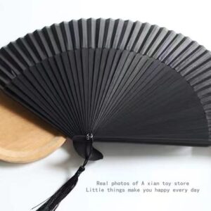NAIVELY 2 Pieces Silk Folding Hand Fan - Chinese/Japanese Charming Elegant Vintage Retro Style, Good for Gifts, Parties, Performance, Dance, Decoration, Props (Classic Black)