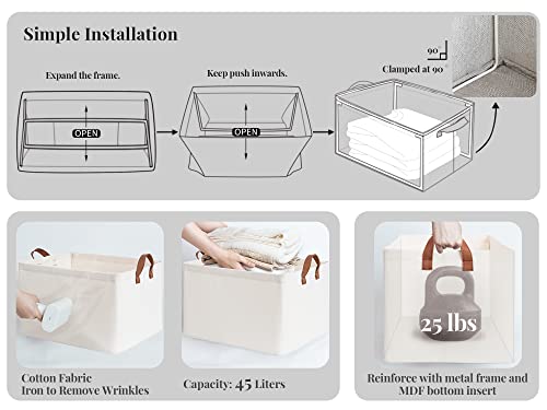 StorageWorks 45L Extra Large Fabric Storage Bins with PU Handles 2-pack, Closet Baskets, Canvas Baskets for Closet Shelves, Foldable Trapezoid Storage Bins 3-pack