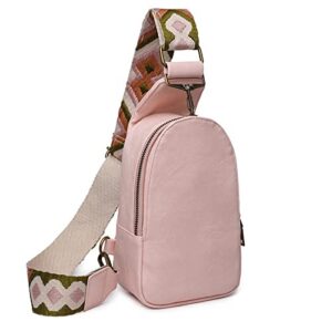 aonetiger small sling crossbody backpack shoulder bag, fashion soft pu leather bag with bohemian adjustable shoulder strap for women (pink)
