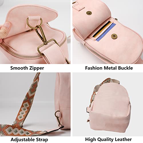 AONETIGER Small Sling Crossbody Backpack Shoulder Bag, Fashion Soft PU Leather Bag with Bohemian Adjustable Shoulder Strap for Women (Pink)