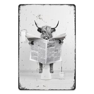 funny highland cow tin sign,black and white cow metal sign,cow poster cow metal tin sign,rustic farmhouse style wall decor for living room, bathroom, bedroom, kids bathroom decor – 8×12 inch