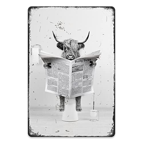 Funny Highland Cow Tin Sign,Black and White Cow Metal Sign,Cow Poster Cow Metal Tin Sign,Rustic Farmhouse Style Wall Decor for Living Room, Bathroom, Bedroom, Kids Bathroom Decor - 8x12 Inch