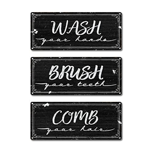 Farmhouse Bathroom Signs Decor 3PCS, PVC Made Waterproof Restroom Wall Decor, Duplex Printed Rustic Farmhouse Bathroom Wall Decor, Fade-Resistant Bathroom Rule Sign Home Wall Decor, 5X12 Inches, Black