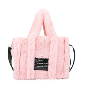 jhtpslr light academia aesthetic fuzzy tote bag for women teen girls preppy fuzzy tote bag for school plush crossbody bag (light pink)