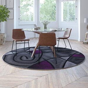 bizchair 7′ x 7′ round purple abstract area rug – olefin rug with jute backing – living room, bedroom, family room