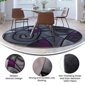 BizChair 7' x 7' Round Purple Abstract Area Rug - Olefin Rug with Jute Backing - Living Room, Bedroom, Family Room