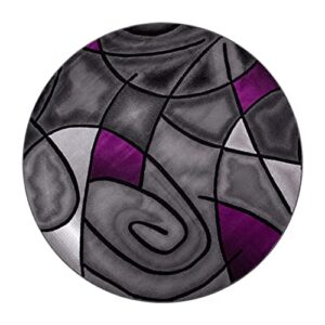 BizChair 7' x 7' Round Purple Abstract Area Rug - Olefin Rug with Jute Backing - Living Room, Bedroom, Family Room