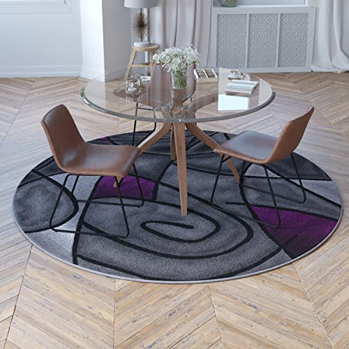 BizChair 7' x 7' Round Purple Abstract Area Rug - Olefin Rug with Jute Backing - Living Room, Bedroom, Family Room