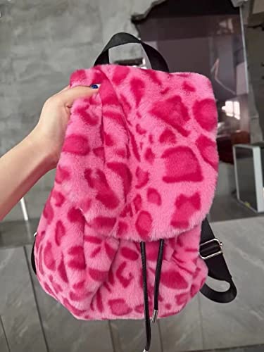 Kawaii Fluffy Purse Backpack Plush Backpack Furry Bag Fuzzy School Bag Teen Girls Faux Fur Aesthetic Backpack Leopard Bag (Leopard Pink)