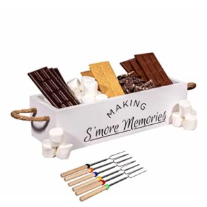 s’mores station wooden box s’mores bar carrier with durable handles smores caddy with marshmallow sticks, farmhouse decor, rustic smores kit – great for parties, entertaining, camping (white)