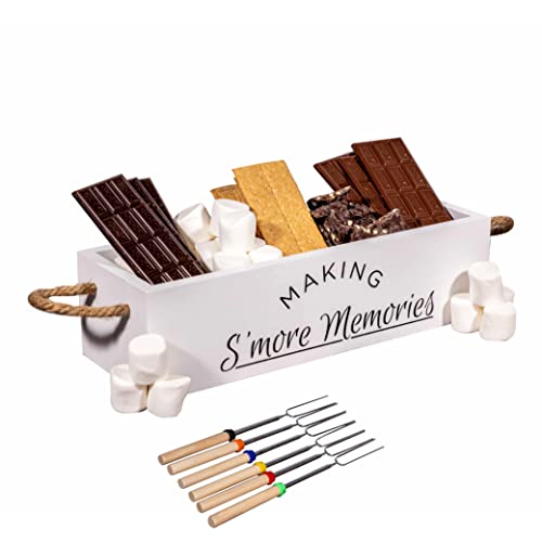 S’mores Station Wooden Box S’mores Bar Carrier with Durable Handles Smores Caddy with Marshmallow Sticks, Farmhouse Decor, Rustic Smores Kit - Great for Parties, Entertaining, Camping (White)