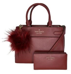 kate spade new york staci md satchel bundled with matching slim bifold wallet and fur pom (red currant)