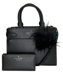kate spade new york staci md satchel bundled with matching slim bifold wallet and fur pom (black)