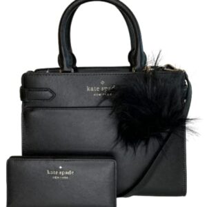 Kate Spade New York Staci MD Satchel bundled with matching Slim Bifold Wallet and Fur Pom (Black)