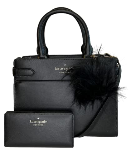 Kate Spade New York Staci MD Satchel bundled with matching Slim Bifold Wallet and Fur Pom (Black)