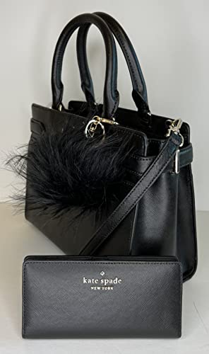 Kate Spade New York Staci MD Satchel bundled with matching Slim Bifold Wallet and Fur Pom (Black)