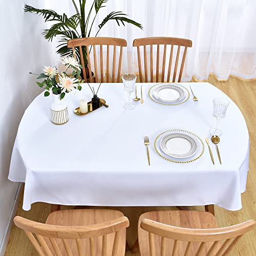 Wolkemer Oval Tablecloth 60 x 84 Inch Washable Fabric Table Cloth Solid White Table Cover for Dining Wedding Party Banquet Tabletop Decoration