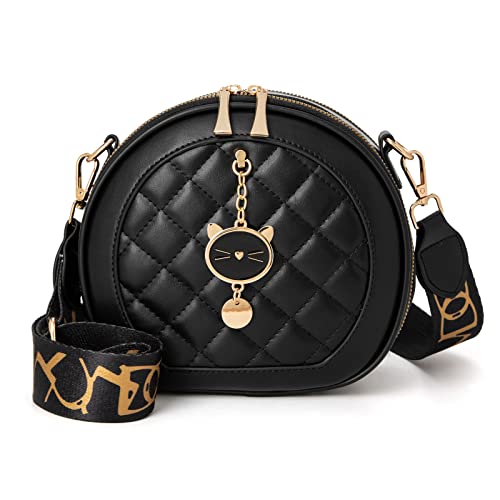 CHERUTY Crossbody Bags for Women, Cute Cross Body Bag Purses, Quilted Faux Leather Round Purse with Cat Pendant (Black)