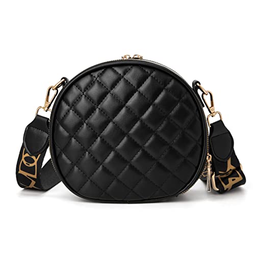 CHERUTY Crossbody Bags for Women, Cute Cross Body Bag Purses, Quilted Faux Leather Round Purse with Cat Pendant (Black)