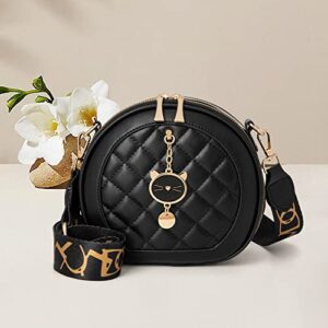 CHERUTY Crossbody Bags for Women, Cute Cross Body Bag Purses, Quilted Faux Leather Round Purse with Cat Pendant (Black)