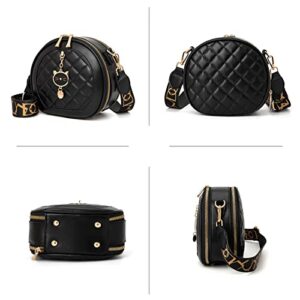 CHERUTY Crossbody Bags for Women, Cute Cross Body Bag Purses, Quilted Faux Leather Round Purse with Cat Pendant (Black)