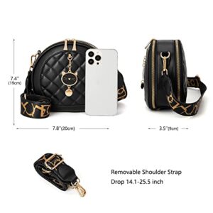 CHERUTY Crossbody Bags for Women, Cute Cross Body Bag Purses, Quilted Faux Leather Round Purse with Cat Pendant (Black)