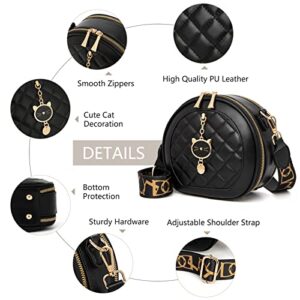 CHERUTY Crossbody Bags for Women, Cute Cross Body Bag Purses, Quilted Faux Leather Round Purse with Cat Pendant (Black)