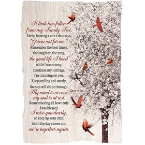 Memorial Blanket| A Limb Has Fallen from Family Tree| Cardinal Remembrance Blanket, Sympathy Memorial Gift for Loss of Father, Mother, Husband in Heaven, in Loving Memory| N2764 (Sherpa, 60x50 inch)