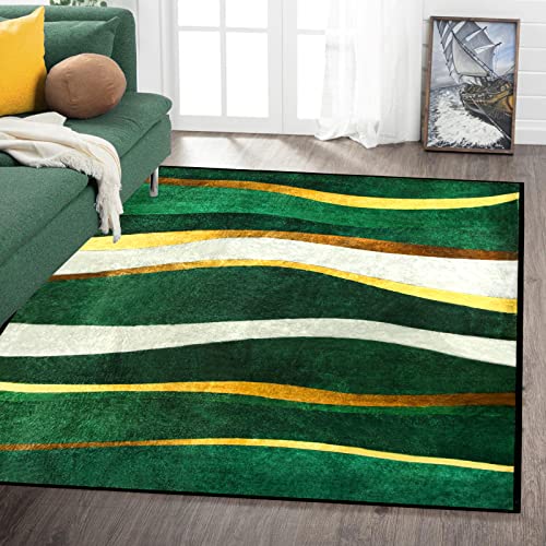 Dark Green Gold Area Rugs,Modern Area Rug Luxury Emerald Green Gold Geometric Floor Carpet,Rug with Non-Slip Backing for Living Room Bedroom Home Office Floor Rug, 5.25 ft x 7.55 ft