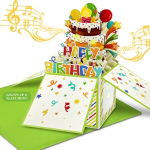 dtesl birthday card 3d pop up with light and music, birthday cards for women, handmade birthday greeting cards in a box, press the power button to play: plays hit song ‘happy birthday’