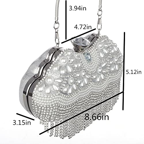 Sither Rhinestone Tassel Handbag Purses for Women Evening Handbag Purses Crystal Pearls Clutch Purses Sparkly Clutches Shoulder Chain Bags for Party Prom Christmas Gift (silver)