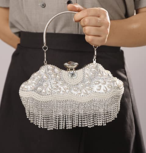 Sither Rhinestone Tassel Handbag Purses for Women Evening Handbag Purses Crystal Pearls Clutch Purses Sparkly Clutches Shoulder Chain Bags for Party Prom Christmas Gift (silver)