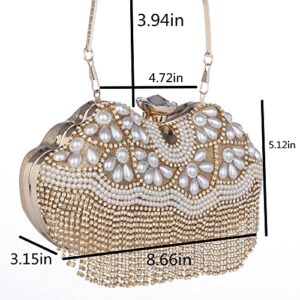 Sither Rhinestone Tassel Handbag Purses for Women Evening Handbag Purses Crystal Pearls Clutch Purses Sparkly Clutches Shoulder Chain Bags for Party Prom Christmas Gift (gold)