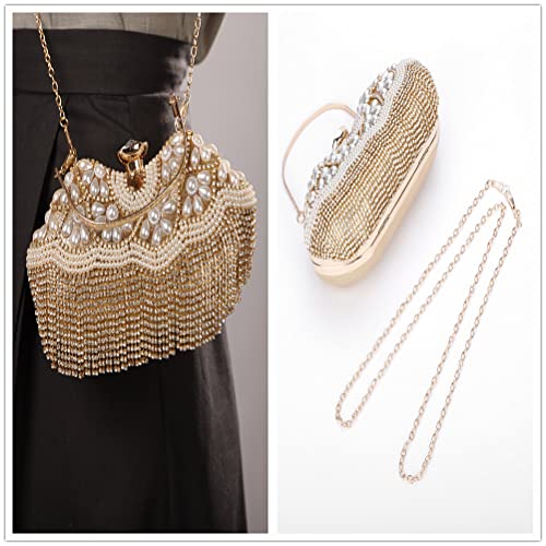 Sither Rhinestone Tassel Handbag Purses for Women Evening Handbag Purses Crystal Pearls Clutch Purses Sparkly Clutches Shoulder Chain Bags for Party Prom Christmas Gift (gold)