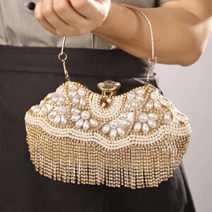 Sither Rhinestone Tassel Handbag Purses for Women Evening Handbag Purses Crystal Pearls Clutch Purses Sparkly Clutches Shoulder Chain Bags for Party Prom Christmas Gift (gold)