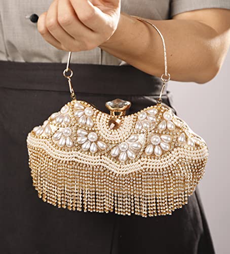 Sither Rhinestone Tassel Handbag Purses for Women Evening Handbag Purses Crystal Pearls Clutch Purses Sparkly Clutches Shoulder Chain Bags for Party Prom Christmas Gift (gold)