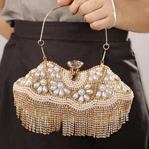 Sither Rhinestone Tassel Handbag Purses for Women Evening Handbag Purses Crystal Pearls Clutch Purses Sparkly Clutches Shoulder Chain Bags for Party Prom Christmas Gift (gold)