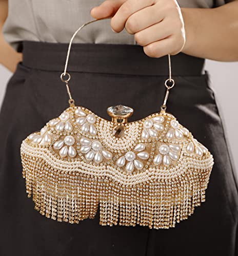 Sither Rhinestone Tassel Handbag Purses for Women Evening Handbag Purses Crystal Pearls Clutch Purses Sparkly Clutches Shoulder Chain Bags for Party Prom Christmas Gift (gold)