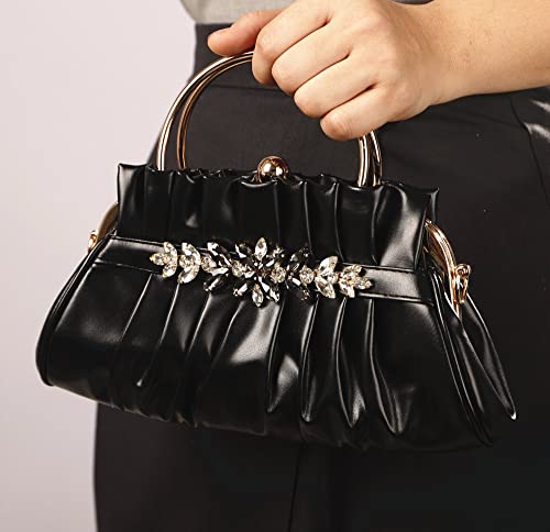 Sither Small Color Handbag Purses for Women Leather Handbag Purses with Crystal Clutch Purses Shoulder Chain Bags for Daily Party Prom Christmas Gift (black)