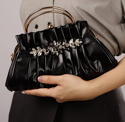 Sither Small Color Handbag Purses for Women Leather Handbag Purses with Crystal Clutch Purses Shoulder Chain Bags for Daily Party Prom Christmas Gift (black)