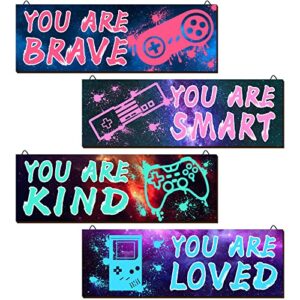 ylolul 4 pieces video gaming decor for boys room wooden video game wall art print 11.8 x 3 inch motivational quote gamer hanging plaques wall decor for boys kids room bedroom playroom decorations