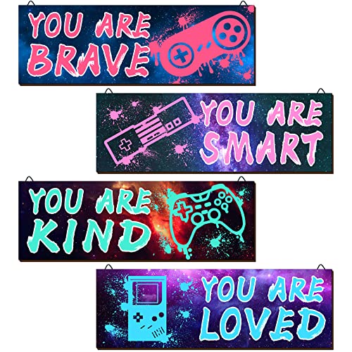 YLOLUL 4 Pieces Video Gaming Decor for Boys Room Wooden Video Game Wall Art Print 11.8 x 3 Inch Motivational Quote Gamer Hanging Plaques Wall Decor for Boys Kids Room Bedroom Playroom Decorations