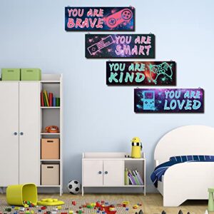 YLOLUL 4 Pieces Video Gaming Decor for Boys Room Wooden Video Game Wall Art Print 11.8 x 3 Inch Motivational Quote Gamer Hanging Plaques Wall Decor for Boys Kids Room Bedroom Playroom Decorations