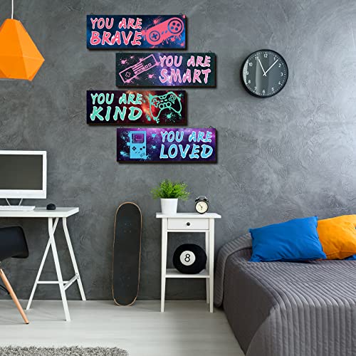 YLOLUL 4 Pieces Video Gaming Decor for Boys Room Wooden Video Game Wall Art Print 11.8 x 3 Inch Motivational Quote Gamer Hanging Plaques Wall Decor for Boys Kids Room Bedroom Playroom Decorations