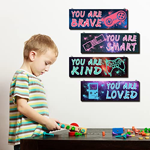 YLOLUL 4 Pieces Video Gaming Decor for Boys Room Wooden Video Game Wall Art Print 11.8 x 3 Inch Motivational Quote Gamer Hanging Plaques Wall Decor for Boys Kids Room Bedroom Playroom Decorations